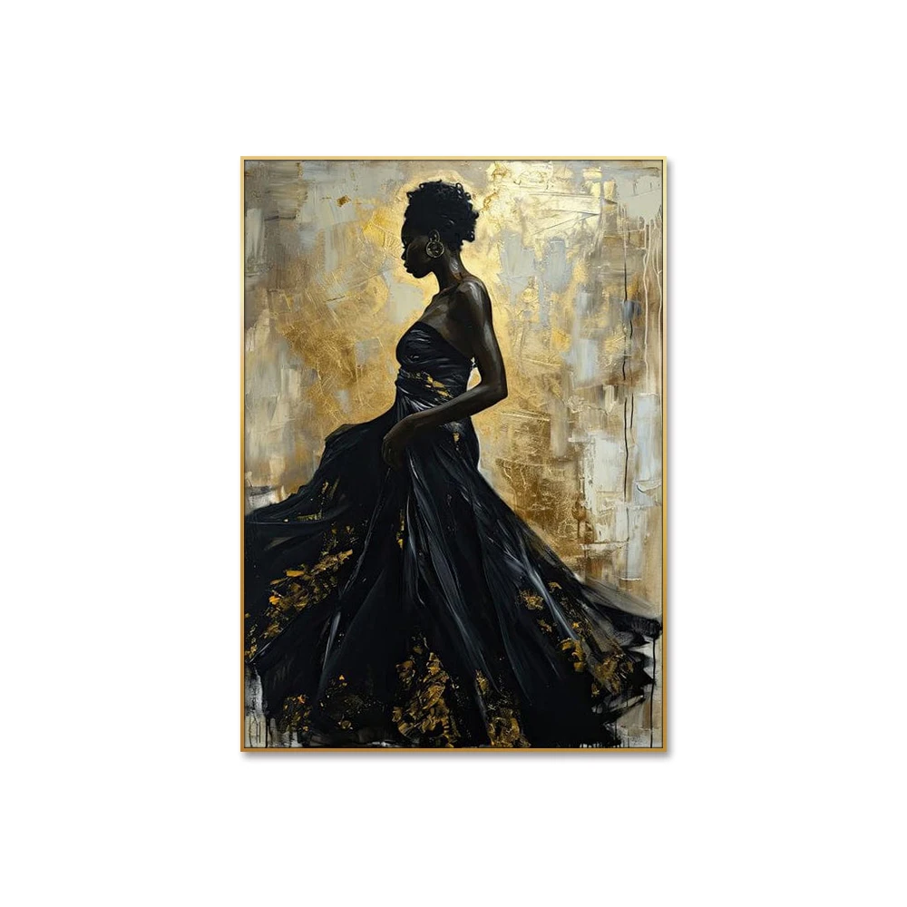 Huamiao Home Decor Luxury African Portrait Oil Painting Room Decor Wall Arts Gold Foil Hand Oil Painting