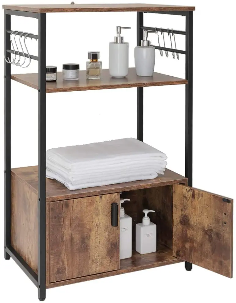 Brown  Rack With 1 Cabinet And 8 S Hooks 3 Tier Industrial Utility Stand Cart Multipurpose Microwave Oven Kitchen Storage Shelf