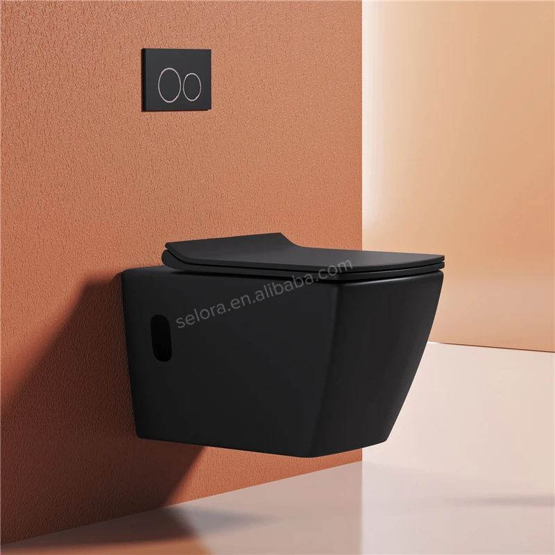 European Rimless Square Wall Hung Toilet Ceramic Wall Mounted Hanging P-trap Toilet In Matt Black Color For Home Hotel Bathroom