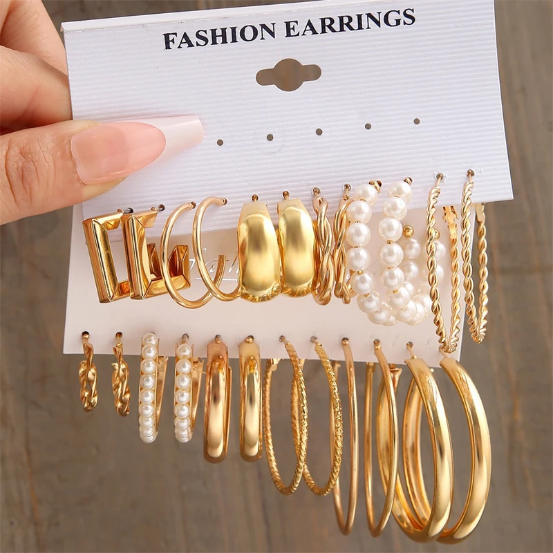 6Pcs Fashion Vintage Pearl Hoop Earring Set Alloy Pearl Crystal Hoop Earrings Jewelry Set