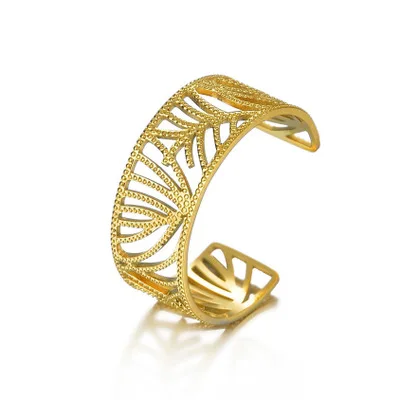 Новинка, модное Золотое регулируемое кольцо из нержавеющей стали, Открытое кольцо с листьями