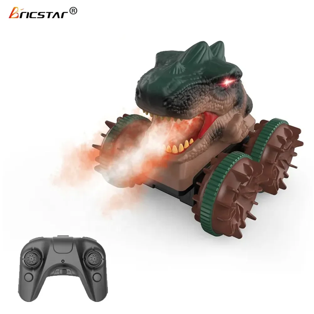 Bricstar hot sale 2.4G spray remote control toy car tumbling rc amphibious dinosaur stunt car with cool lighting