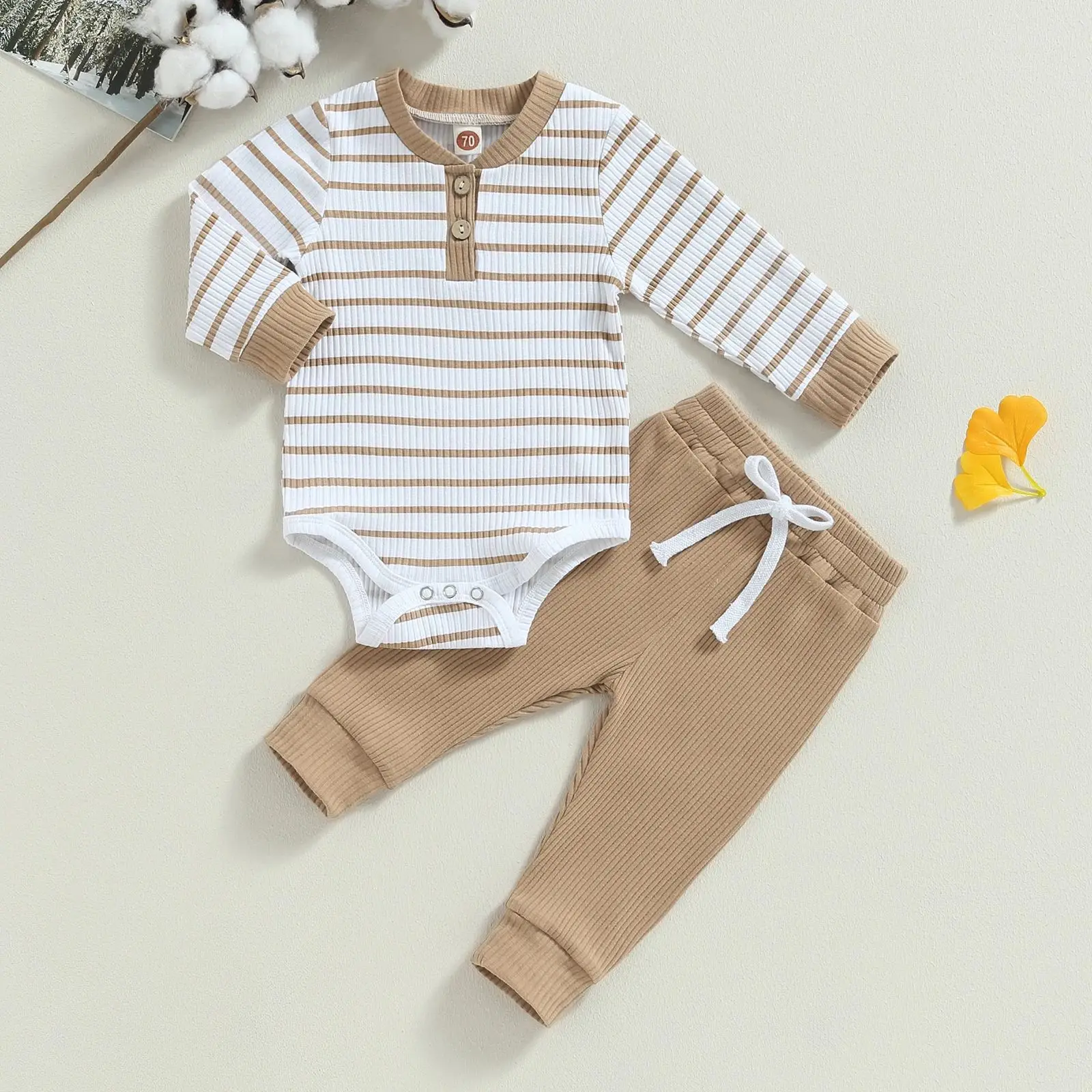 Newborn Baby Outfit Sets Long Sleeve Striped Romper Solid Color Long Pants Baby Boys Outfit 0-3 Month