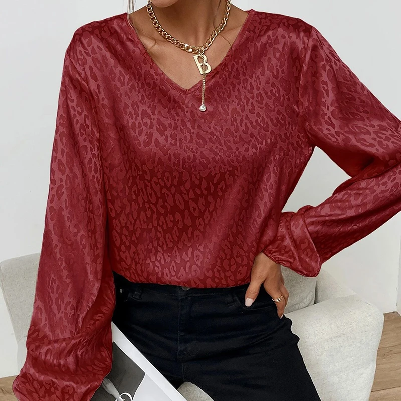 Hot Selling Early Spring V-neck Long Sleeve Blouse Lady Leopard Print Female Blouses and Shirts Top