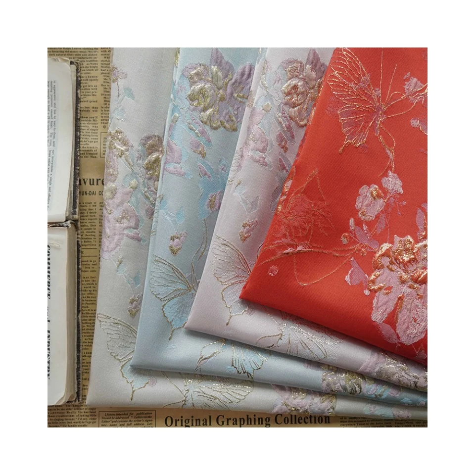 Top fashion Elegant soft gold silk butterfly embossed bubble dress spring and autumn fabric