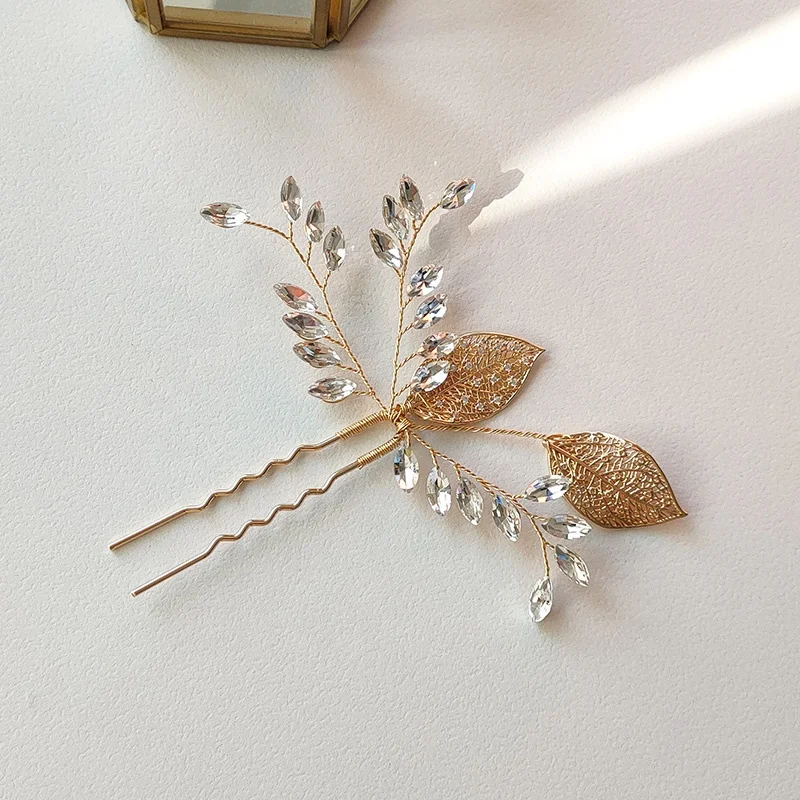 Simple Rhinestone Bridal Hair Pin Women Leaf Shape Headpiece Wedding Pins With Marquise Stone