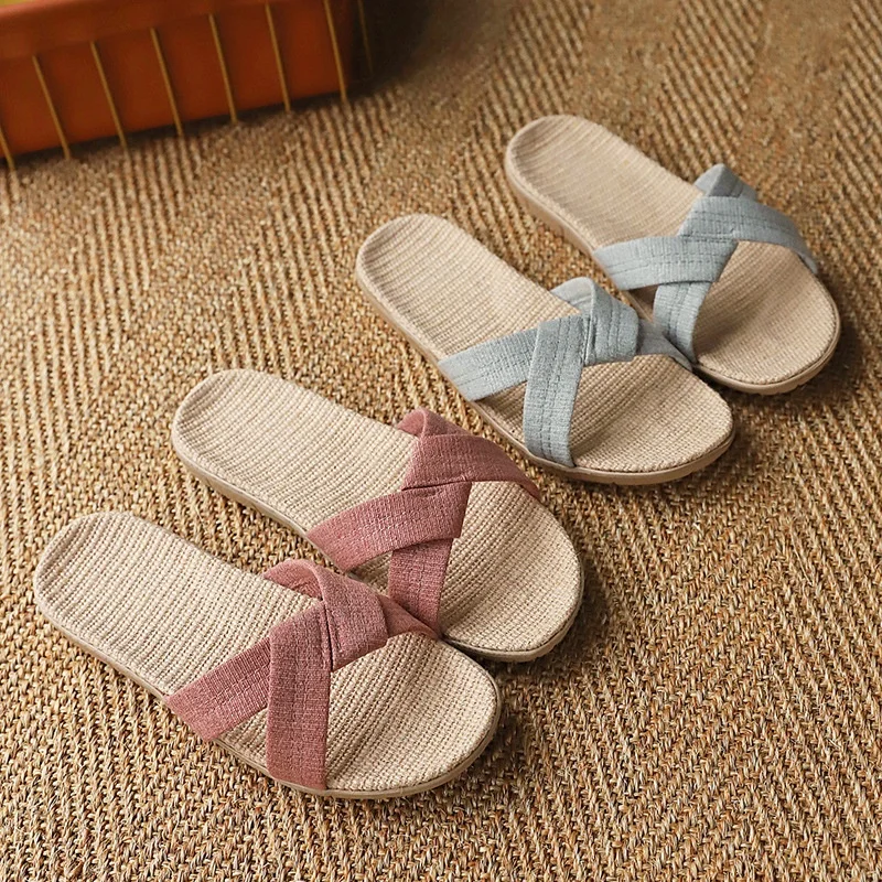 woman ladies girls  man summer linen cross upper EVA sole home indoor slipper sandals