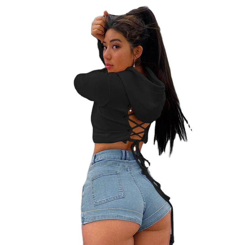 JY37, оптовая продажа, уличная одежда с логотипом на заказ, модные толстовки высокого качества без рисунка, укороченный топ на шнуровке с капюшоном