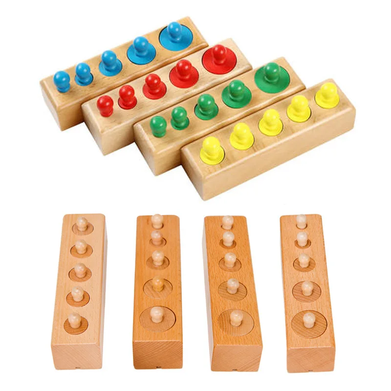 Wooden Cylinder Puzzle Set Montessori Knob Cylinders with Socket Kids Colorful Cylinder Ladder Blocks