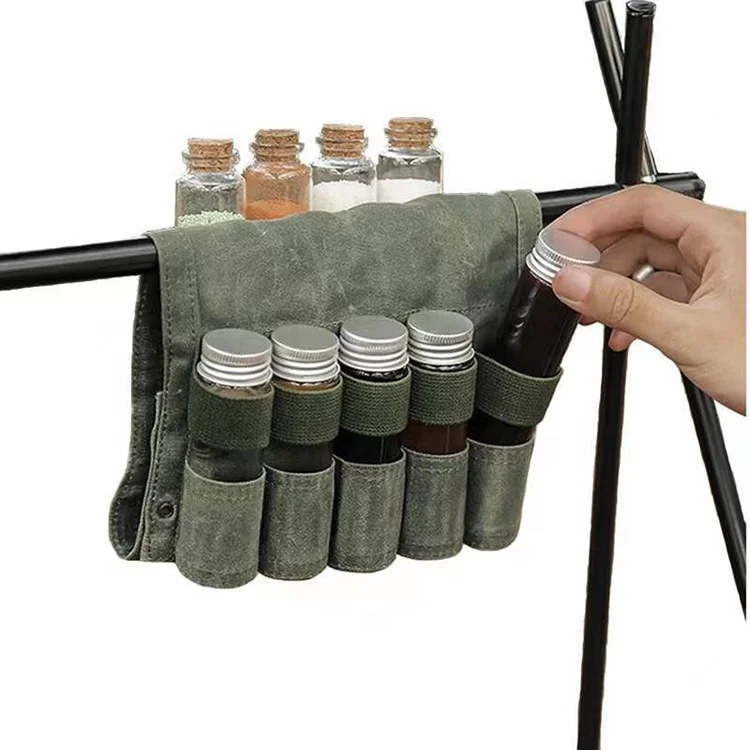 hot selling old Bushcraft Camping Spice Kit organizer with 9 bottles and Oil Pouch Waterproof Waxed Canvas Travel Spice Kit