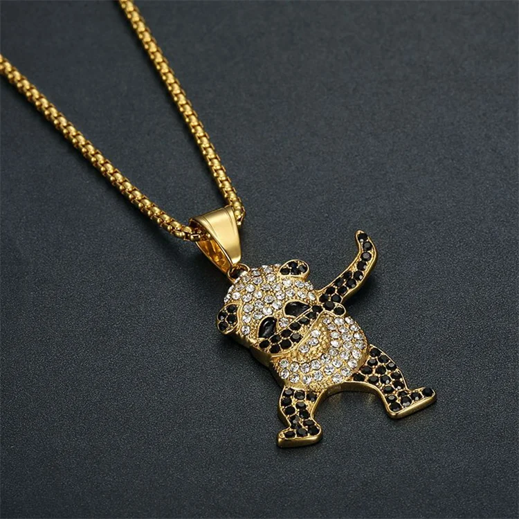 Fine fashion jewelry hip hops street dance pendant stainless steel animal panda diamond pendant necklace