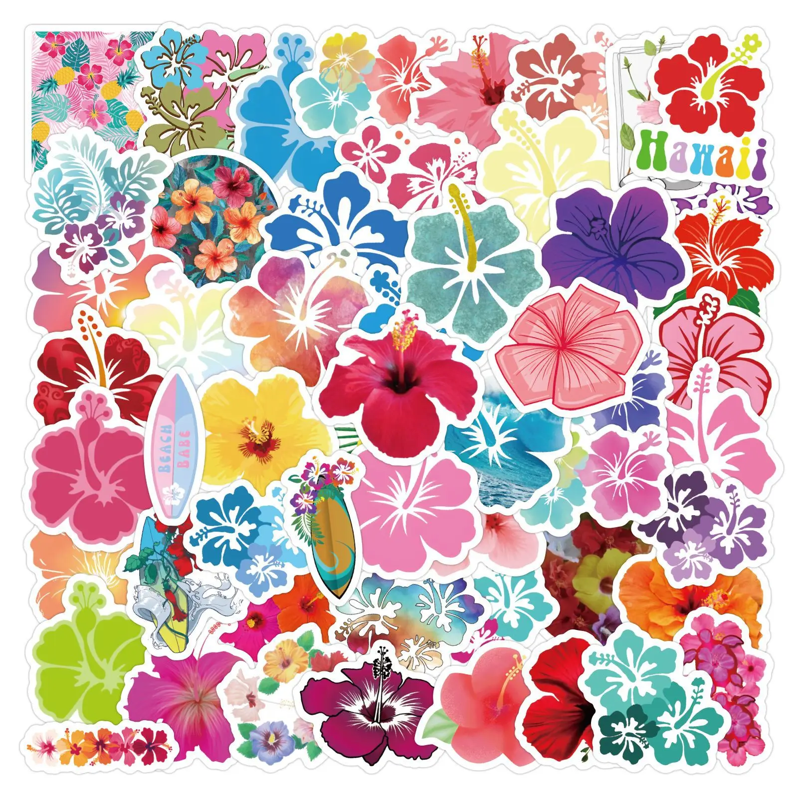 60Pcs Fresh Hibiscus Flower Graffiti Sticker Lee Box Notebook Skateboard Decorative Sticker Waterproof Pvc Stickers