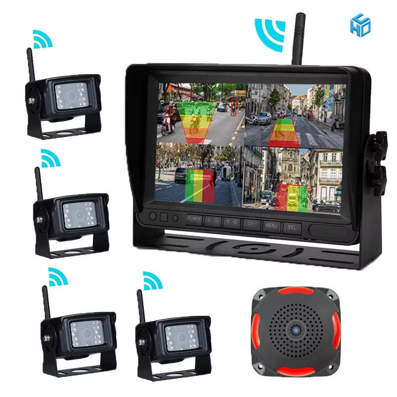 AHD Blind Spot Radar BSD Alarm DVR Recorder 7 Inch 4 Split Screen Monitor with 4PCS IR Wireless Camera For Truck Bus Vans RVs
