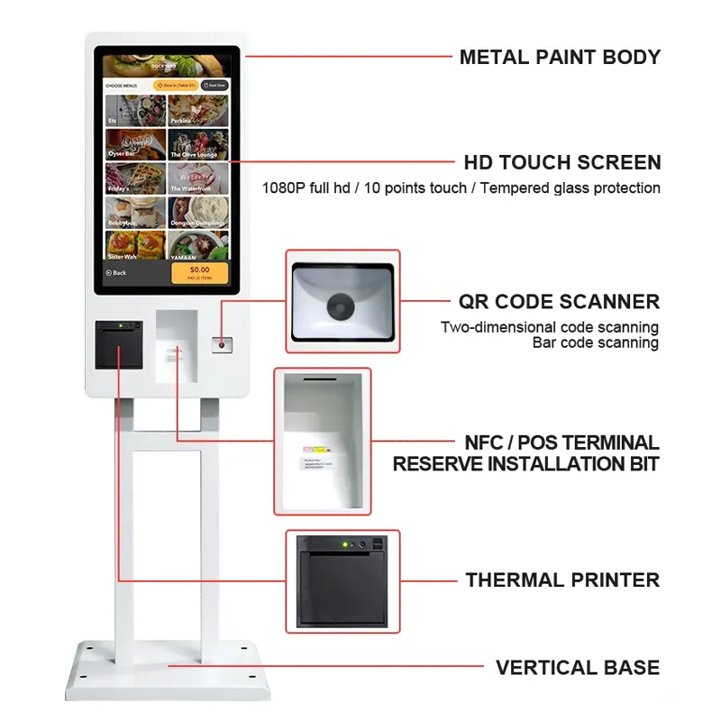 Wall-mounted self-service terminal 21.5 inch fast food restaurant ordering kiosk, touch self-service support Android windows