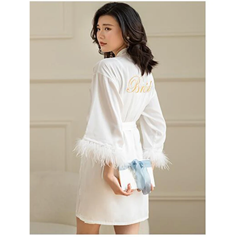 Sisbigdey 2202 new feather bridal robes high quality silky Pleasant Bride Satin kimono embroidery bridesmaid robes