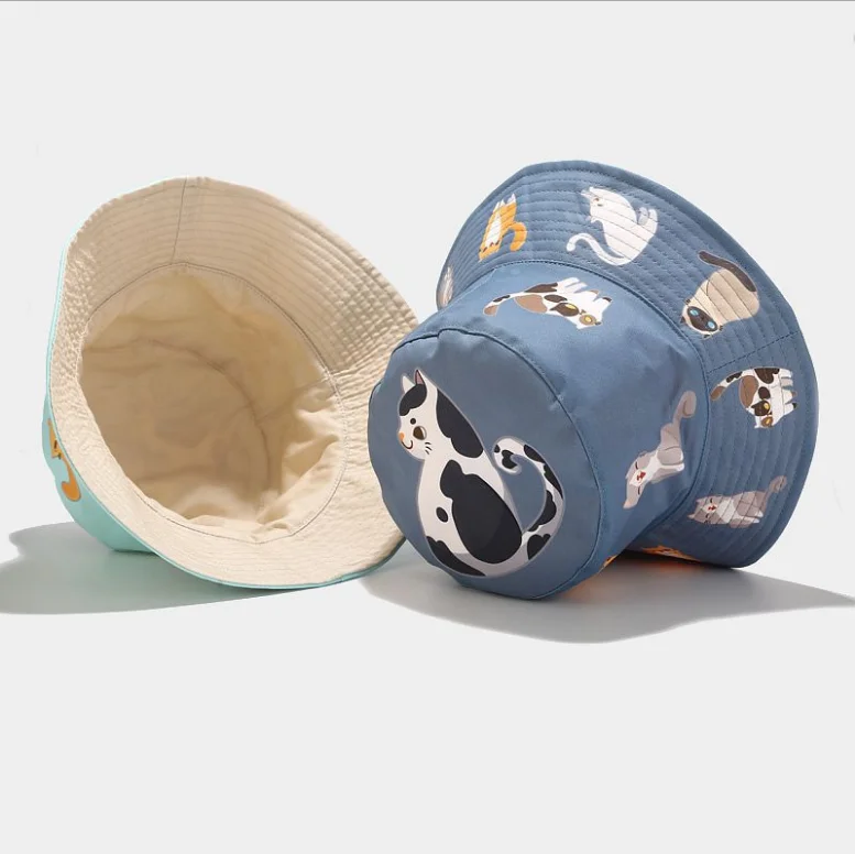Japanese lovely cat print bucket hat summer outdoor students double-sided fishman hat