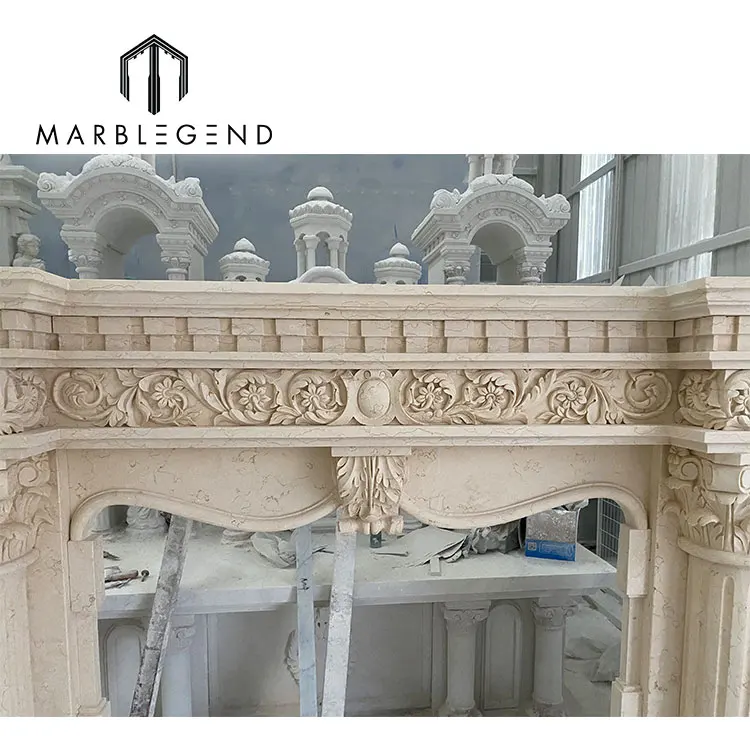 provide villa decoration service nature stone and hand carved fireplace frame freestanding Egypt beige marble fireplaces