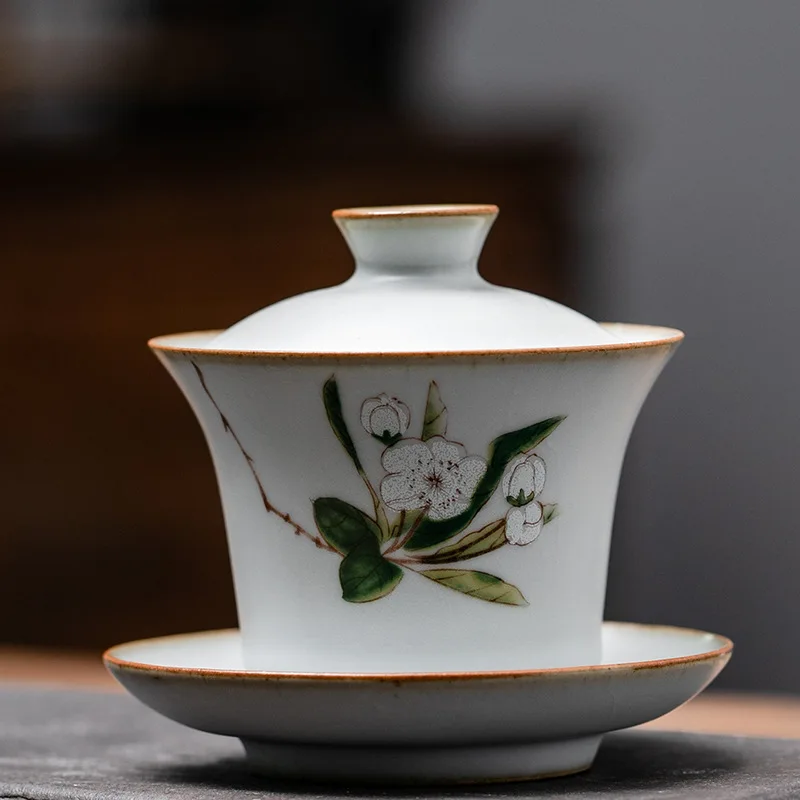 Chinese style handmade ru-ceramic kungfu flower tea cup and saucers set  chawan  with lid 170ml