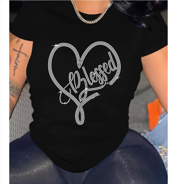 S to 5XL Wholesale  Summer Women Fashion Short Sleeve Rhinestone Blessed Letter t shirts Women t-shirt