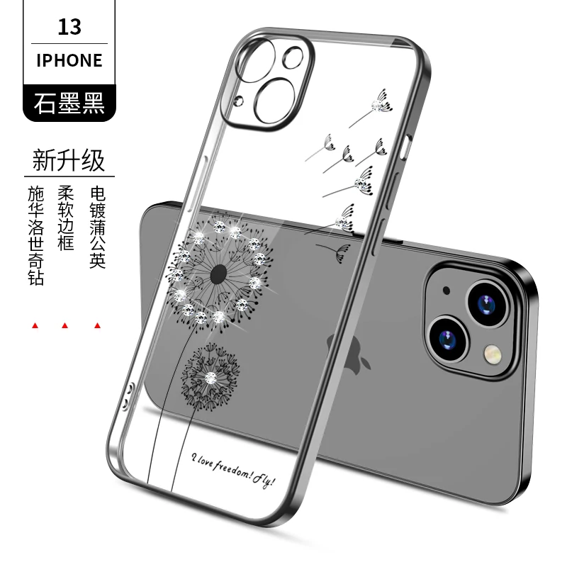 Тонкий мягкий защитный чехол из ТПУ с рамкой и одуванчиком со стразами для Apple iPhone 13 Pro Max 12 Pro Max 11 Pro XS Max