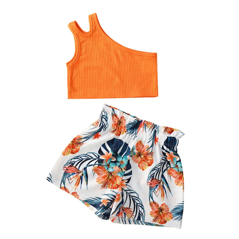 OEM ODM OBM Girls Fashion Top Printed Orange 2 Piece Girls Clothing Sets 8 to 9 years old