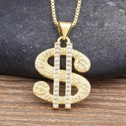 Fashion Gold Plated with Diamond Dollar Symbol Pendant Necklace Copper CZ Charm Neck Chain Party Bar Jewelry Gifts Wholesale