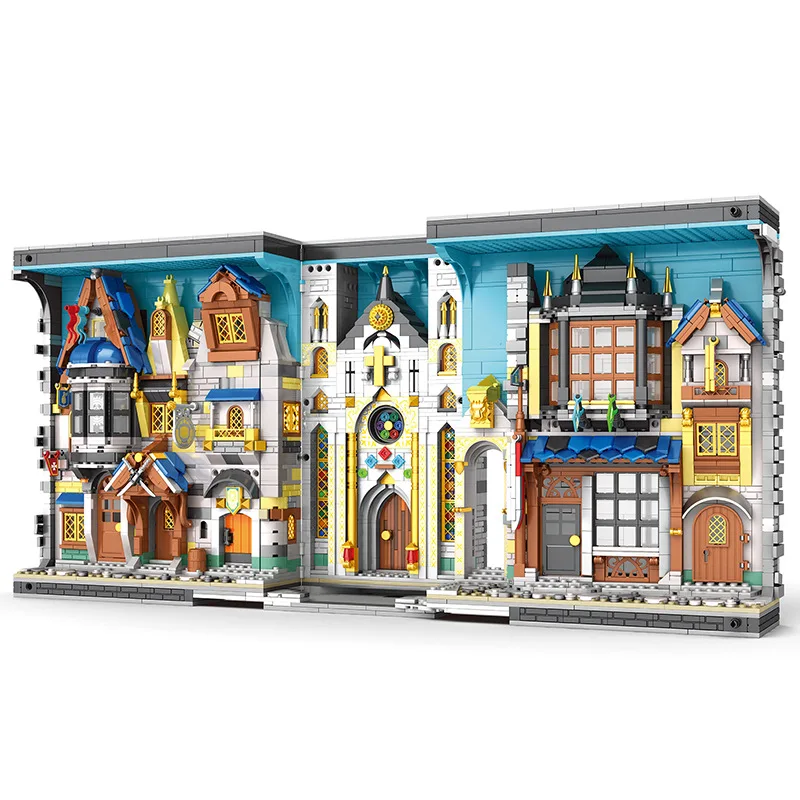 Middle Ancient European Market Street View 3D Bazaar Book Building Block Assembly Model Educational Toy Collection