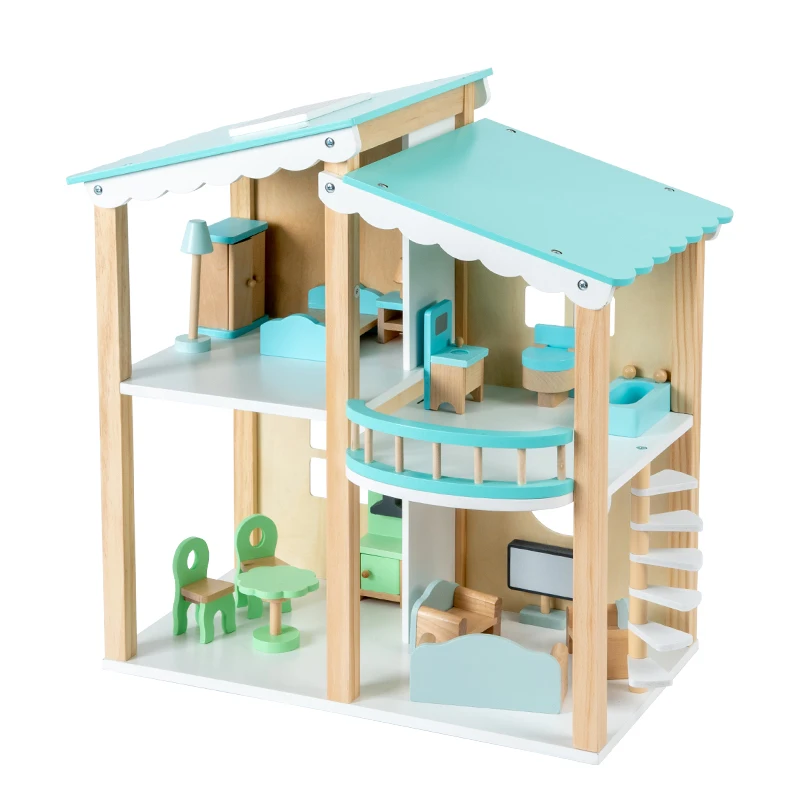 Kids Wood Toys for Kids Doll House Pretend Toy Wooden Doll Villa with Doll Furniture