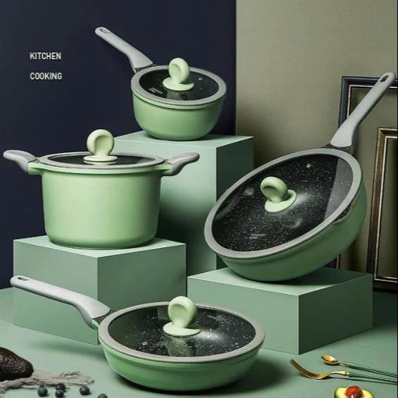 Avocado Green Kitchenware Pan Wok Big Casserole Sauce Pan Die-casting Series Non-stick Cookware Set