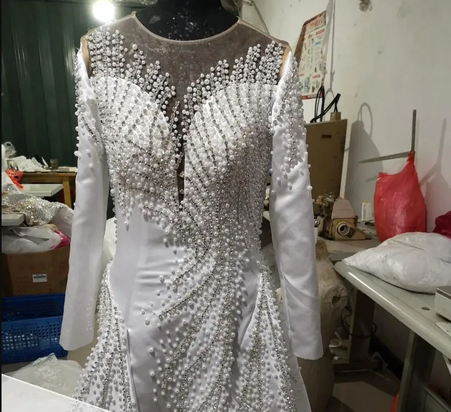 2024 Africa Satin Long Sleeve 2 in 1 Mermaid Dresses With Detachable Train Pearl Crystal Stones Beaded Fish tail Bridal Dress