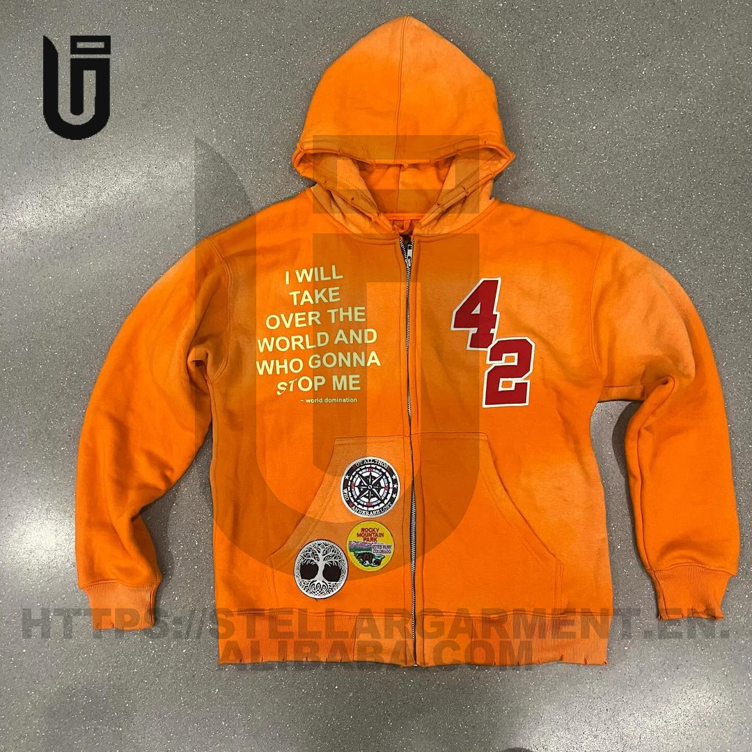 OEM Custom Logo Heavyweght Fabric Patches Embroidery Acid Wash Vintage Applique Rips Cut And Sew Sun Faded zip up Hoodie For Men