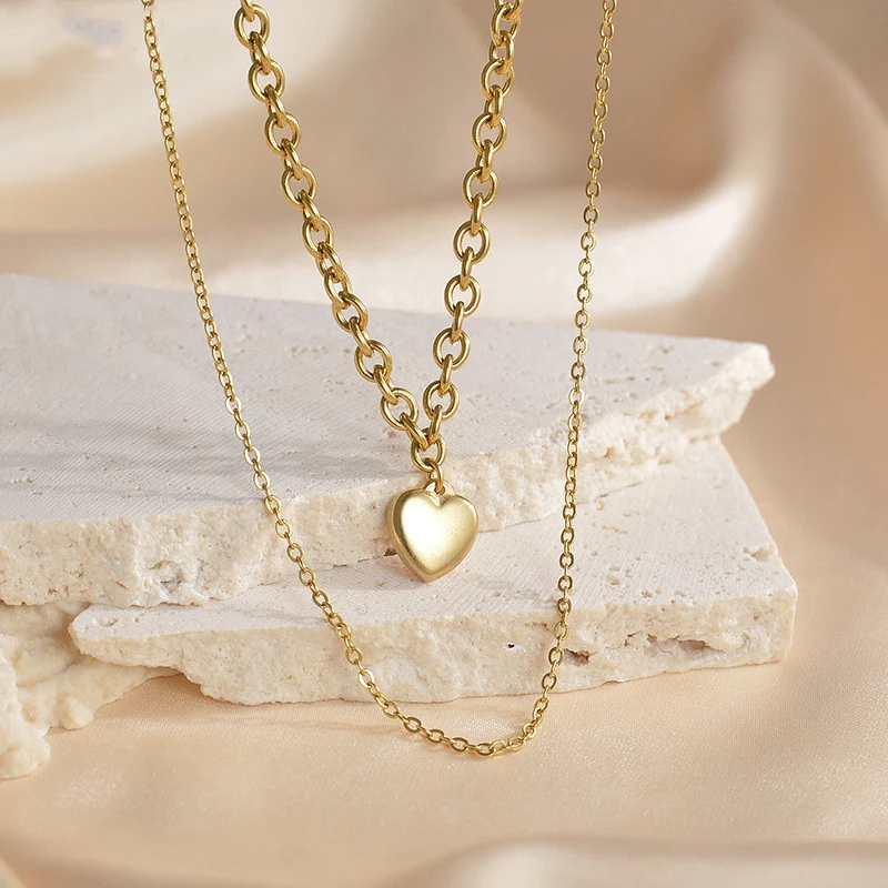 Fashion 18K Gold Plated Jewelry Double Layer Cross O Link Cable Chain Stainless Steel Heart Pendant Necklace