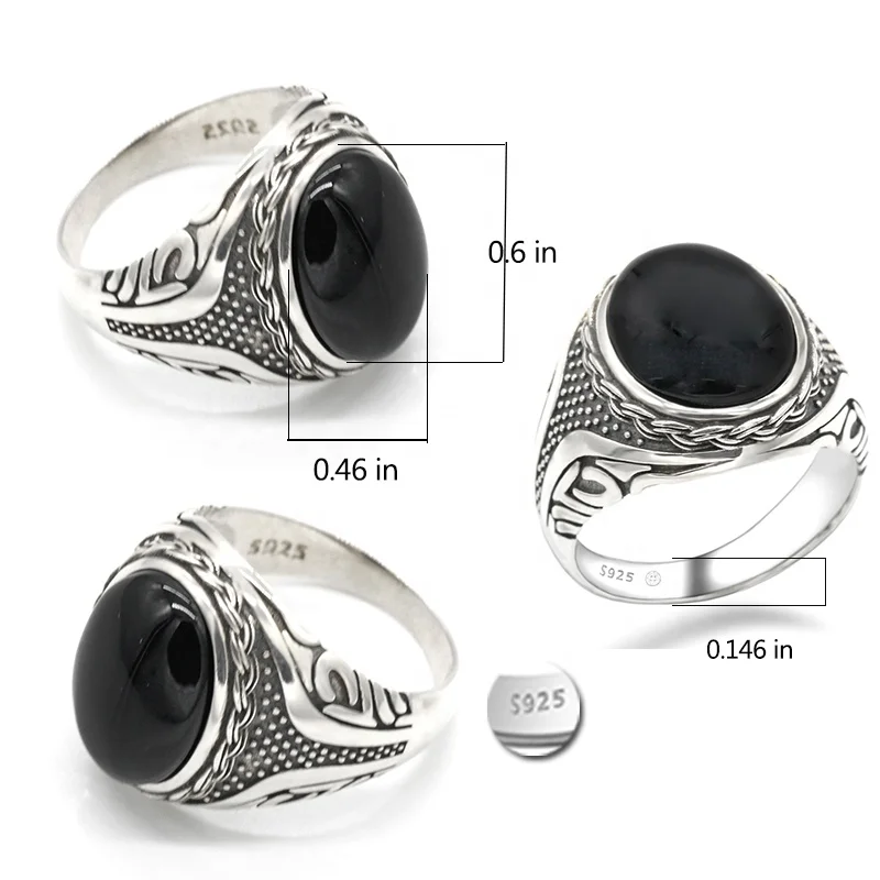 Arabic S925 Sterling Silver Men Ring with Black Agate Stone for Man Rings Jewelry