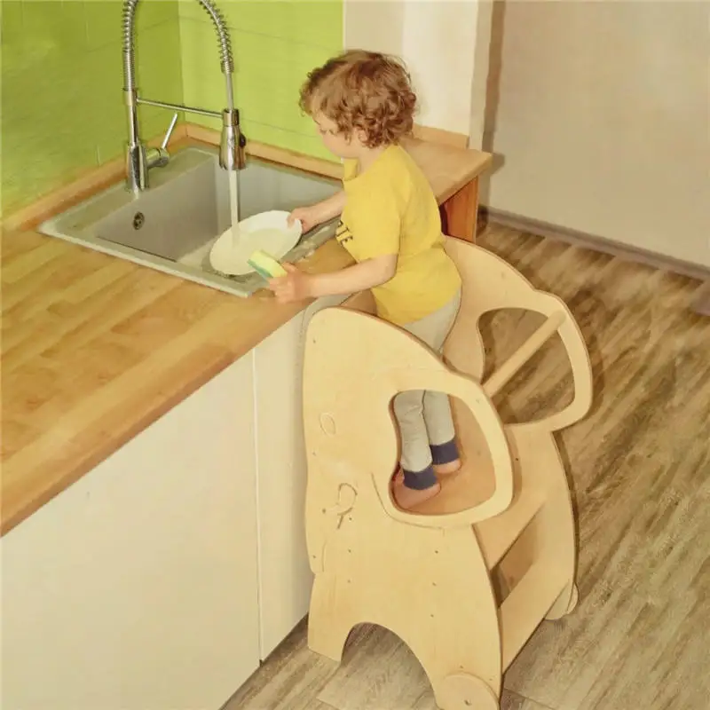 Montessori Learning Tower Toddler Step Elephant Kitchen Step Stool For Kids Children Wooden Adjustable Height Learning Tower