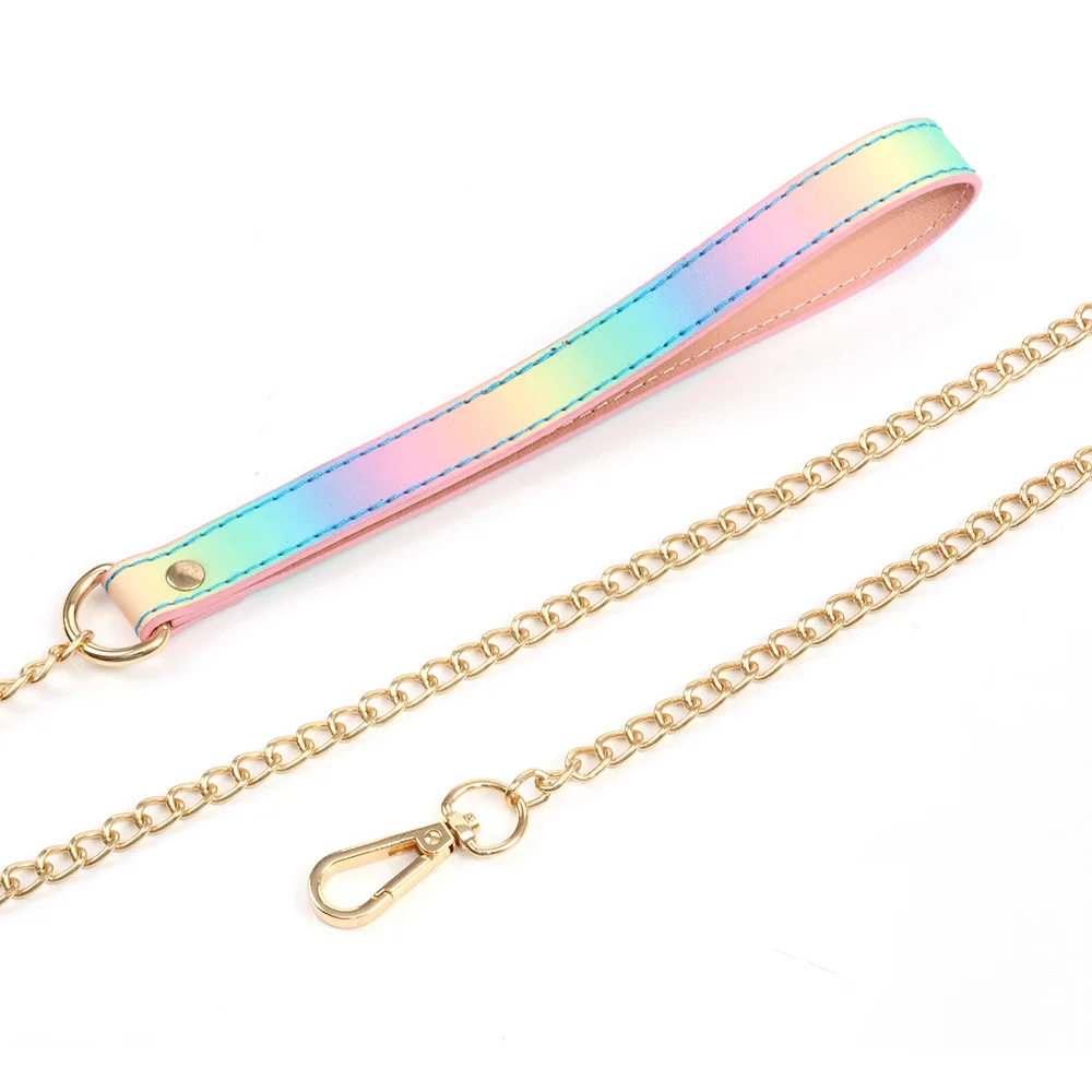 Bdsm Rainbow leather Bondage Sex Collar Traction Rope Chain Leash Adult Game Dog chain punish Neck Collar