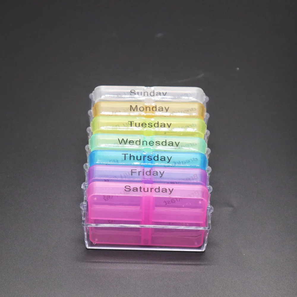 Custom Branded Plastic Rainbow Colorful Weekly Pill Box 4 Times a Day 7 Day Weekly Compact Prescription Vitamin Organizer