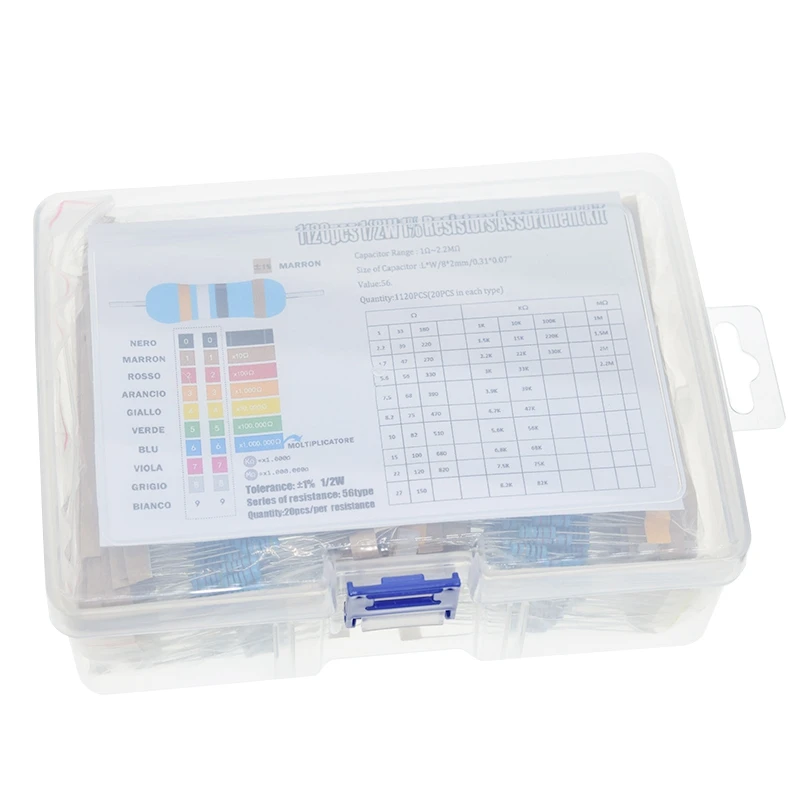 TZT 1120Pcs 1/2W 0.5W 1% 1-2.2M Ohm 56Values Metal Film Resistor 0.5W Resistance Assorted Kit Set For Arduino