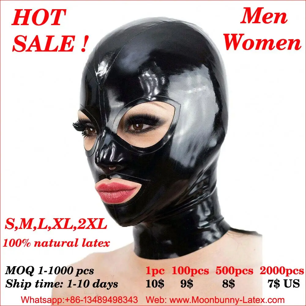 SM Bondage Headgear Latex Mask Rubber Hood Open Eye and Mouth With Back Zipper