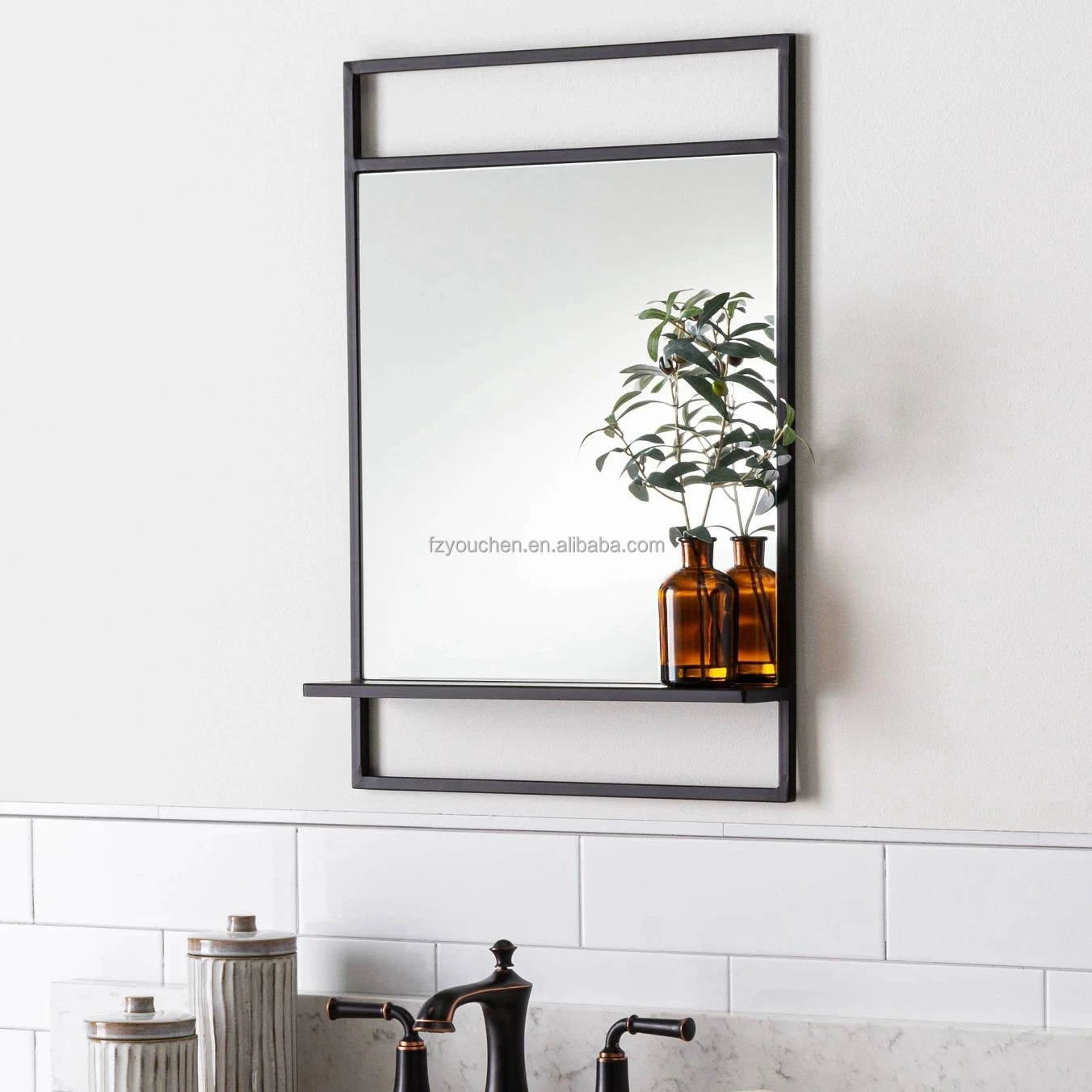 Black Metal Frame Hallway Bathroom Mirror with Shelf/shelves