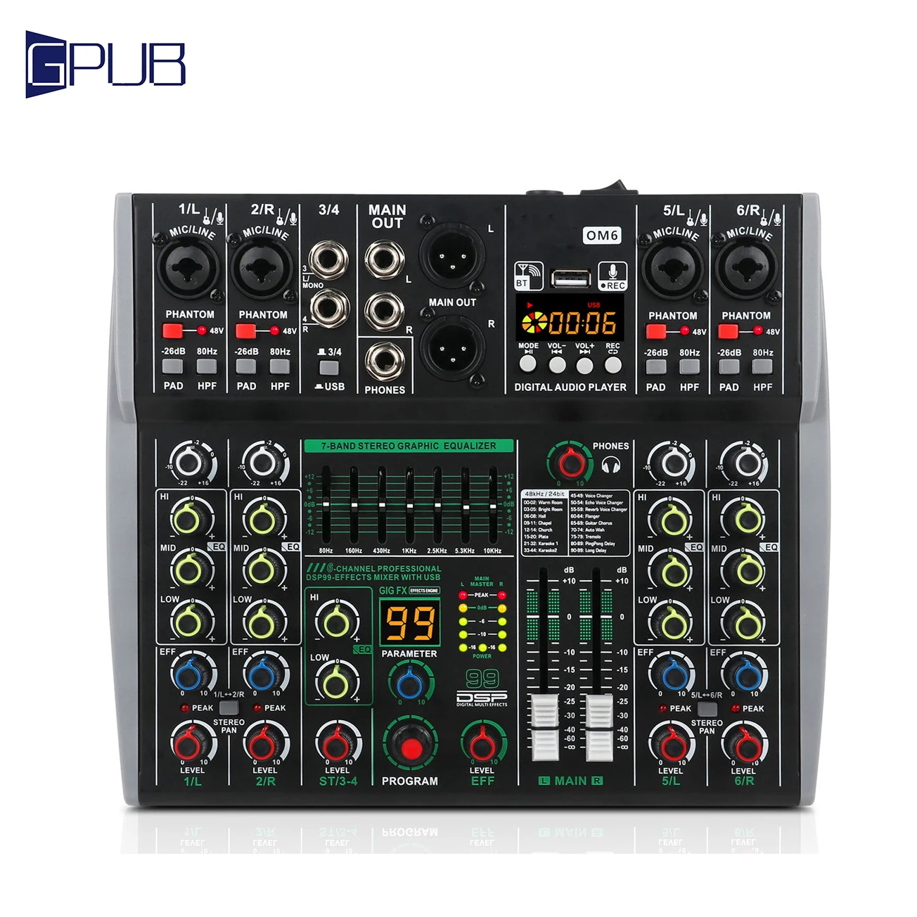 XTUGA OM6 6 channel sound mixer blueteeth USB Sound Mixing Console 48V Phantom Power Audio Console Mixer