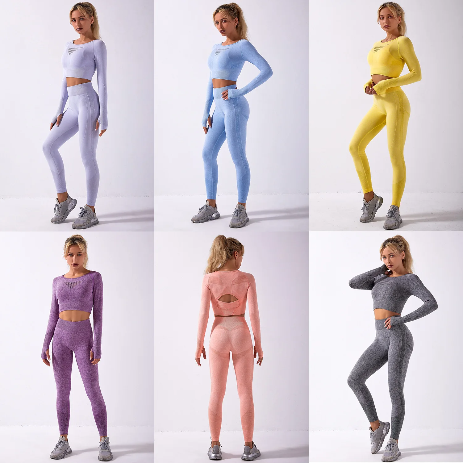 Seamless Yoga Long Sleeve Crop Top High Waist Legging Gym Set Sports Bra Biker Shorts Fitness 4 Pieces Set For Women