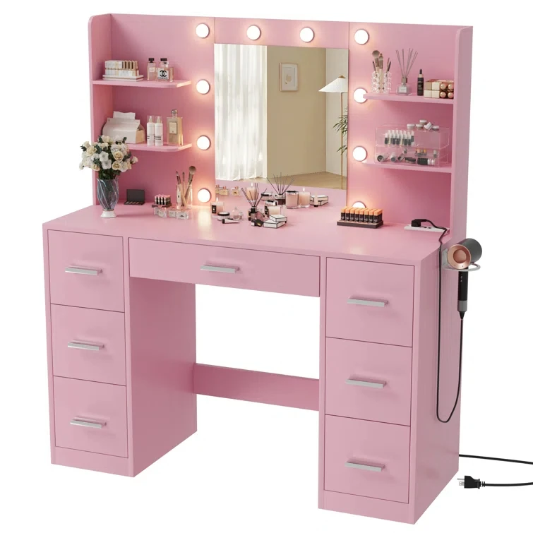Modern Design Premium Bedroom Furniture Set Luxury Lighted Vanity Cabinet Storage Wood Panel Hotel New De Madera Dressing Table