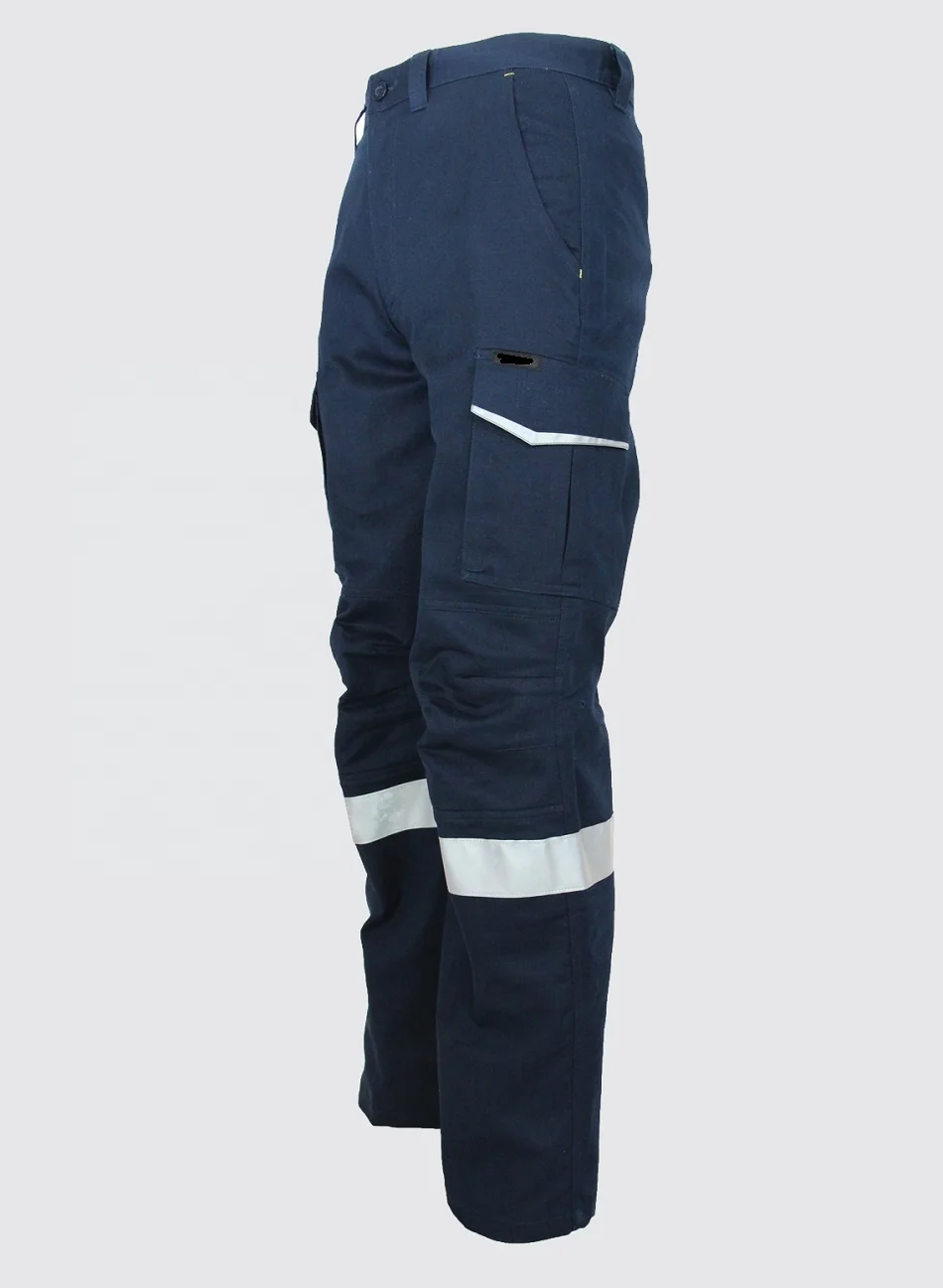 High vis reflective zip off 6 pockets design polycotton spandex stretch men safety workwear blue pants
