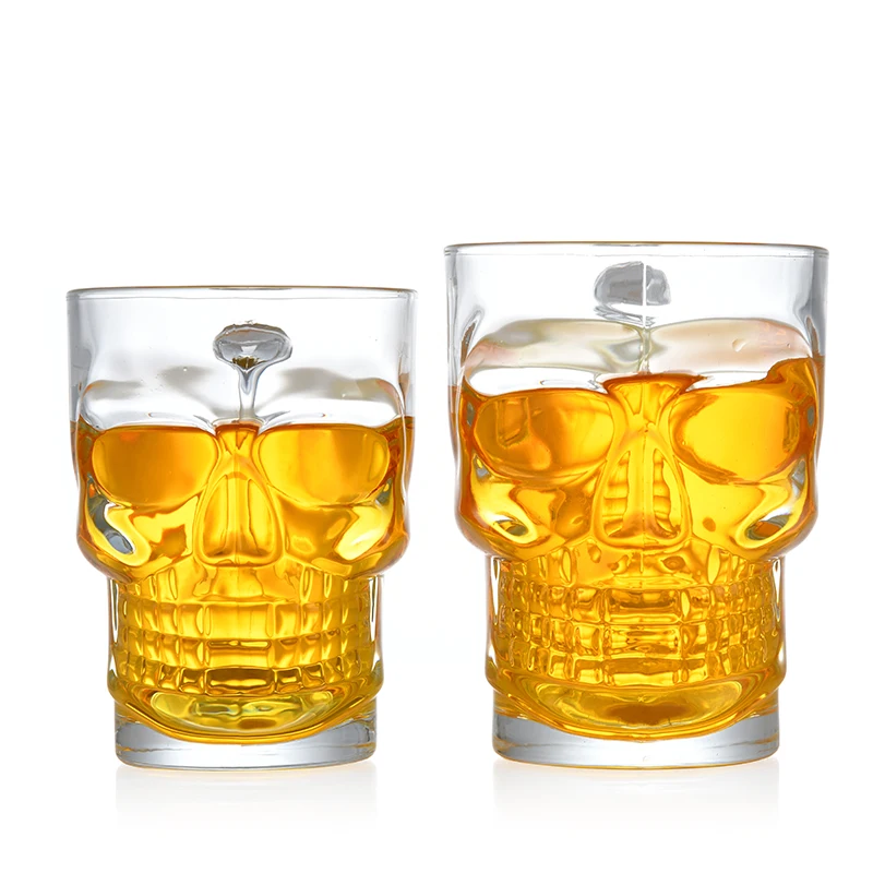 Wholesale skull shaped clear empty 500ml glass brandy vodka beer cup glass wine cup with handle