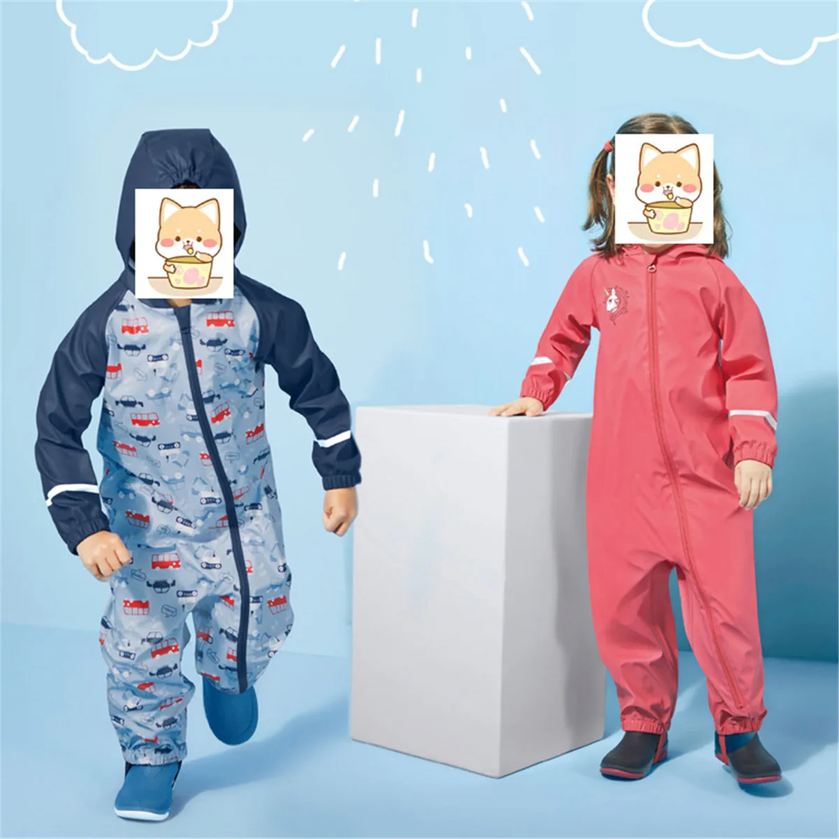 Kids Jumpsuit for Girls Waterproof Overall Girls PU Rain Pants Children Raincoat Baby Hooded Rainwear For Boys And Girls Clothes