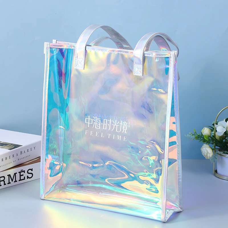 Custom Logo Laser Colorful Holographic Transparent Pvc Tpu Plastic Clear Tote Bags Jelly Gift Shopping Handbags