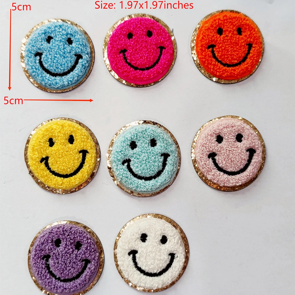 Stock Multi Colorful Cute Embroidered Sticky Applique for Clothing Smiley Face Rainbow Letters Heart Adhesive Chenille Patch