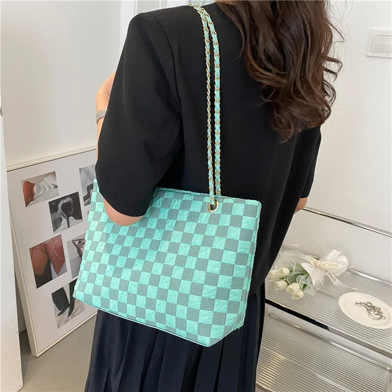 Wholesale Cheap Large Capacity Plaid Checkered Tote Shoulder Bag With Chain Strap For Girls Ladies Office Bag