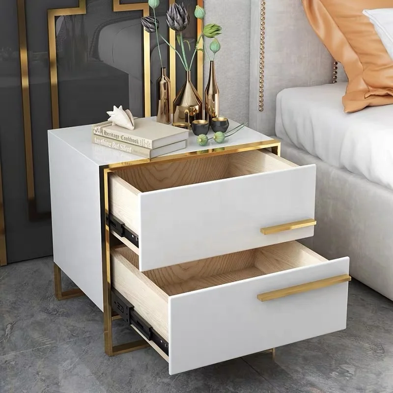 White color Bed side table  Luxury Bedside Table With Drawers
