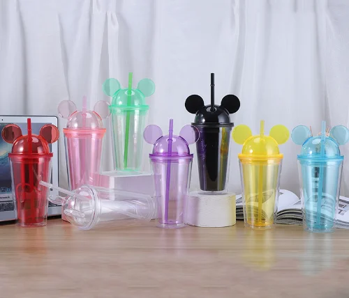 New Style 16oz Double Wall Plastic Cups with Straw and Dome Lid Reusable Acrylic Clear Mouse Ear Tumbler Ice Coffee Cup
